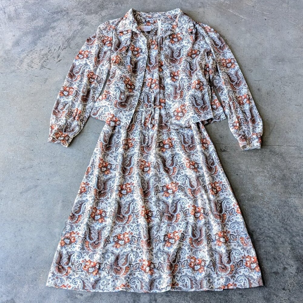 Vintage 60s Kay Windsor Brown Paisley Midi Dress Jacket Matching Set union made - Picture 11 of 16